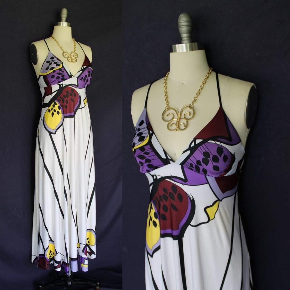 ANALILI op art psychadelic maxi stretchy jersey dress Vintage 80s disco S